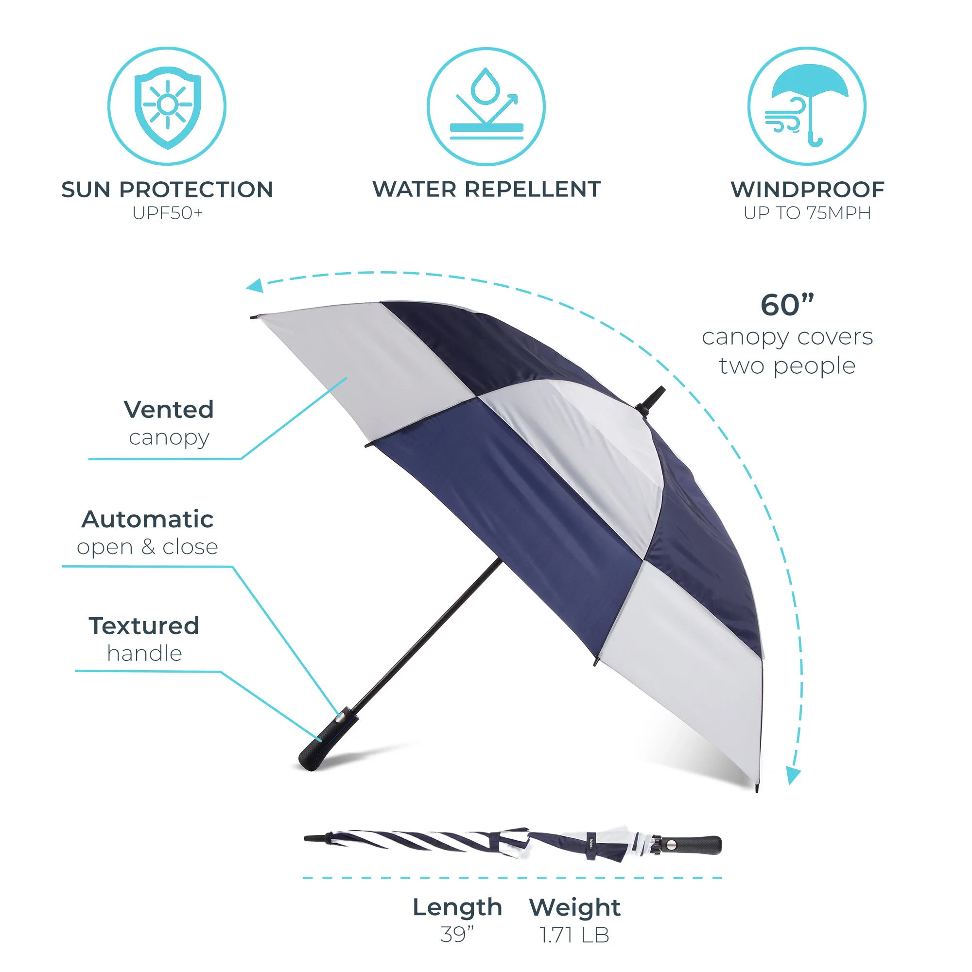 Vented Golf Stick Umbrella with Wind & Sun Protection - Image 4